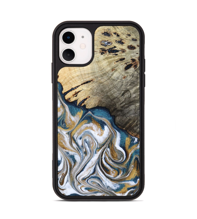 iPhone 11 Wood Phone Case - Esther (Teal & Gold, 800430)