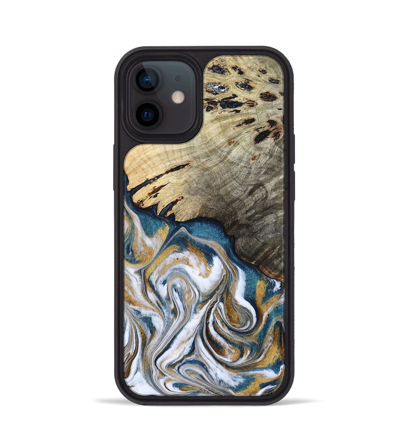 iPhone 12 Wood Phone Case - Esther (Teal & Gold, 800430)