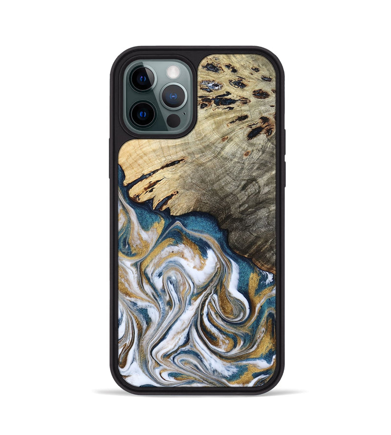 iPhone 12 Pro Wood Phone Case - Esther (Teal & Gold, 800430)