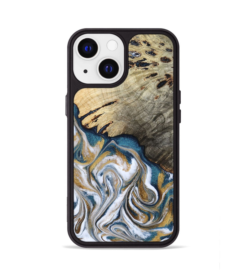 iPhone 13 Wood Phone Case - Esther (Teal & Gold, 800430)