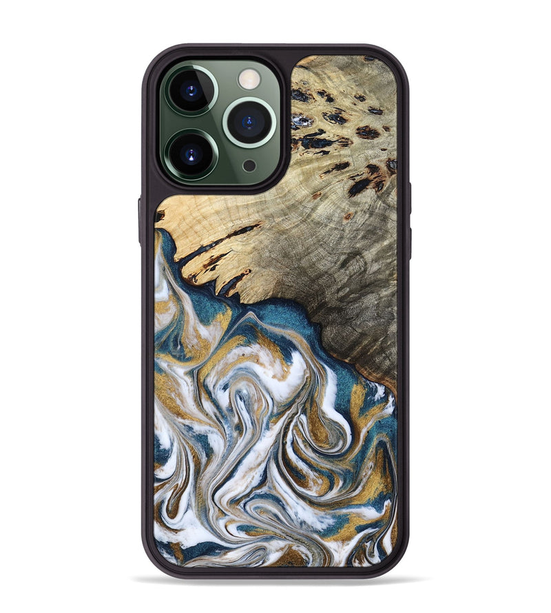 iPhone 13 Pro Max Wood Phone Case - Esther (Teal & Gold, 800430)