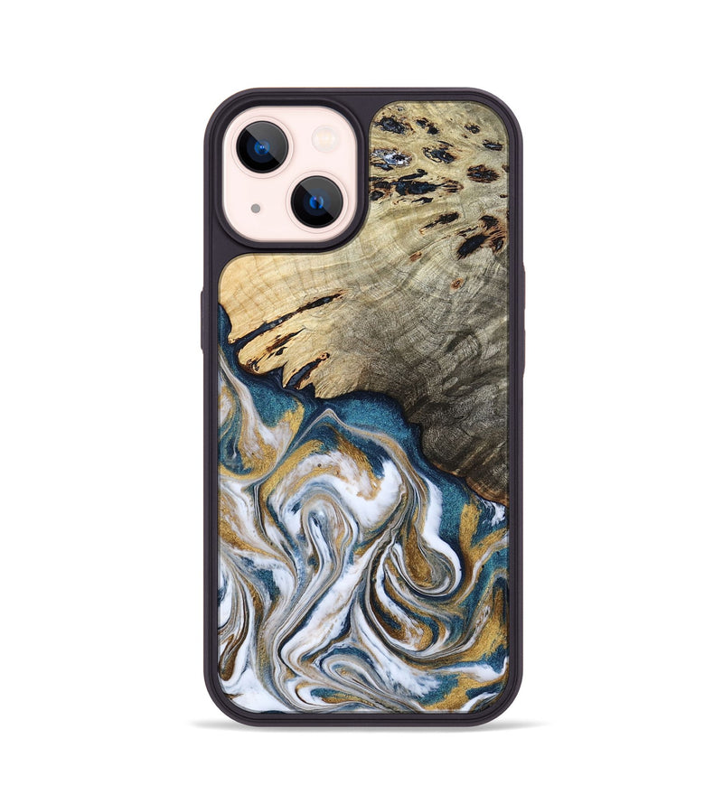 iPhone 14 Wood Phone Case - Esther (Teal & Gold, 800430)