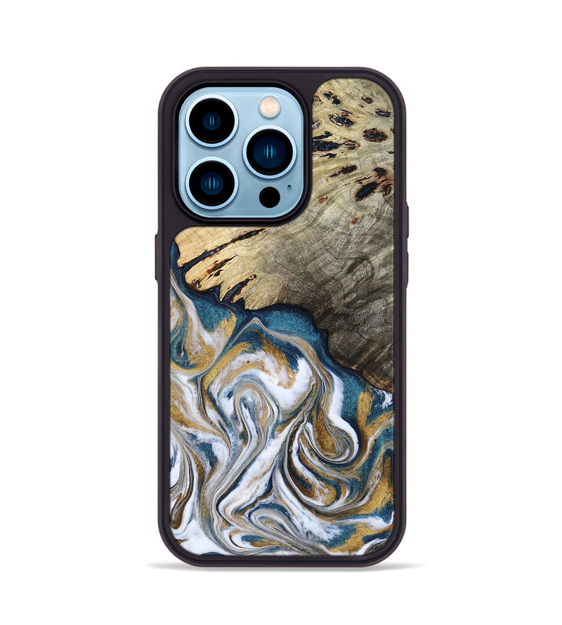 iPhone 14 Pro Wood Phone Case - Esther (Teal & Gold, 800430)