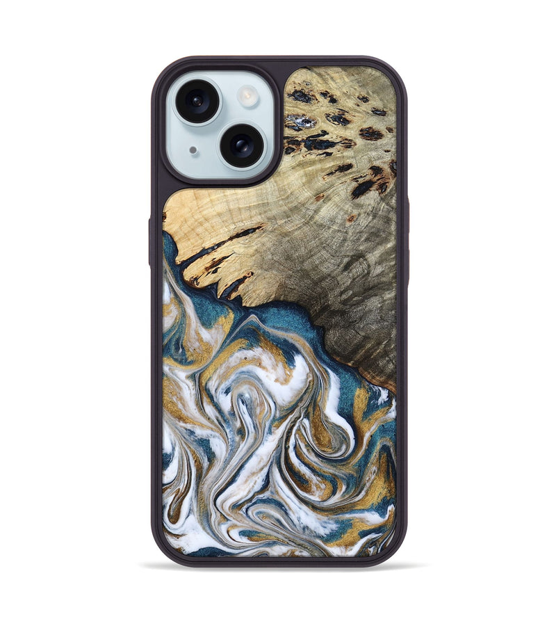 iPhone 15 Wood Phone Case - Esther (Teal & Gold, 800430)