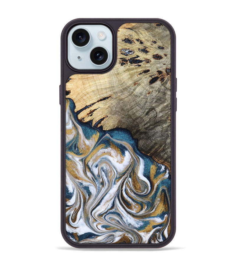 iPhone 15 Plus Wood Phone Case - Esther (Teal & Gold, 800430)