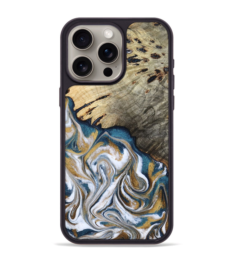 iPhone 15 Pro Max Wood Phone Case - Esther (Teal & Gold, 800430)