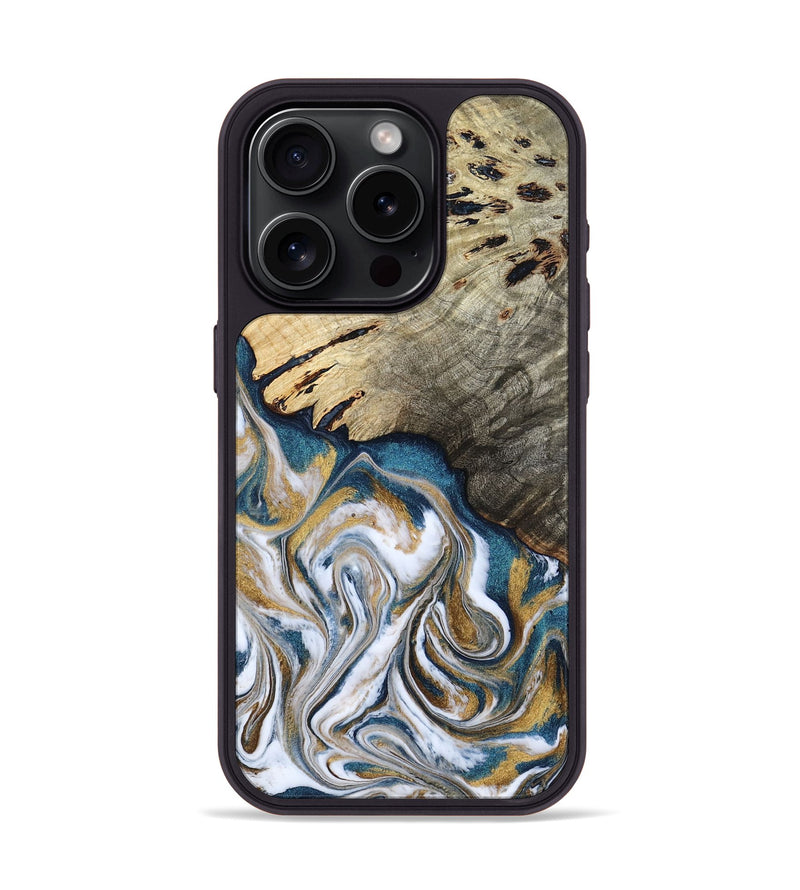 iPhone 15 Pro Wood Phone Case - Esther (Teal & Gold, 800430)