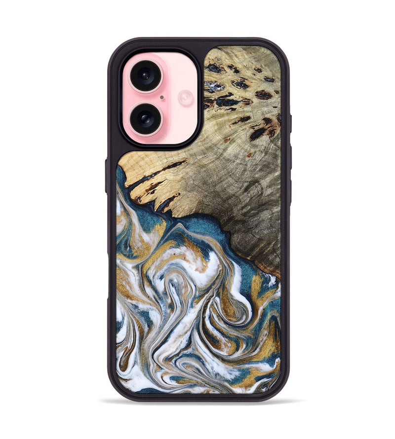 iPhone 16 Wood Phone Case - Esther (Teal & Gold, 800430)