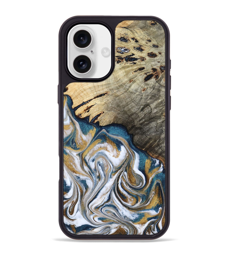 iPhone 16 Plus Wood Phone Case - Esther (Teal & Gold, 800430)