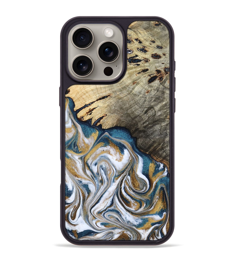 iPhone 16 Pro Max Wood Phone Case - Esther (Teal & Gold, 800430)