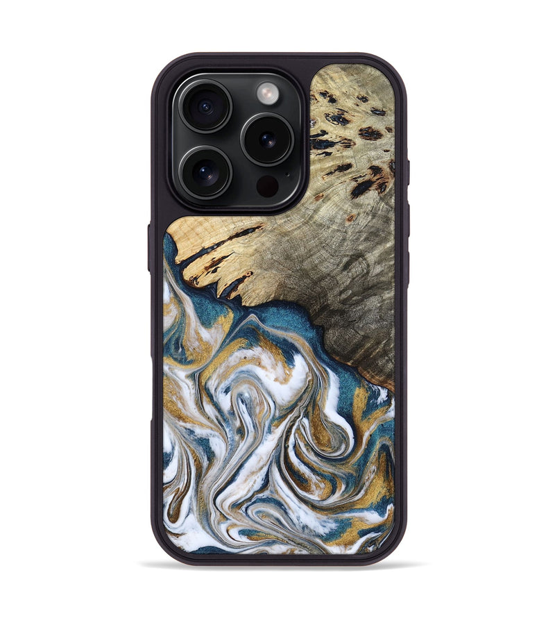 iPhone 16 Pro Wood Phone Case - Esther (Teal & Gold, 800430)