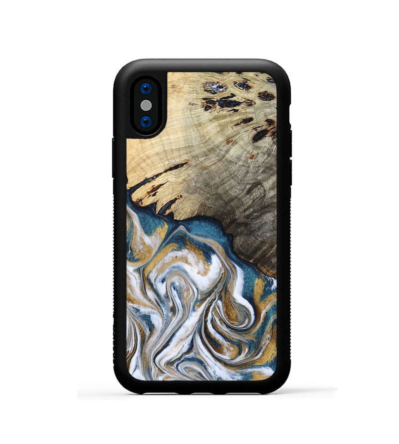 iPhone Xs Wood Phone Case - Esther (Teal & Gold, 800430)