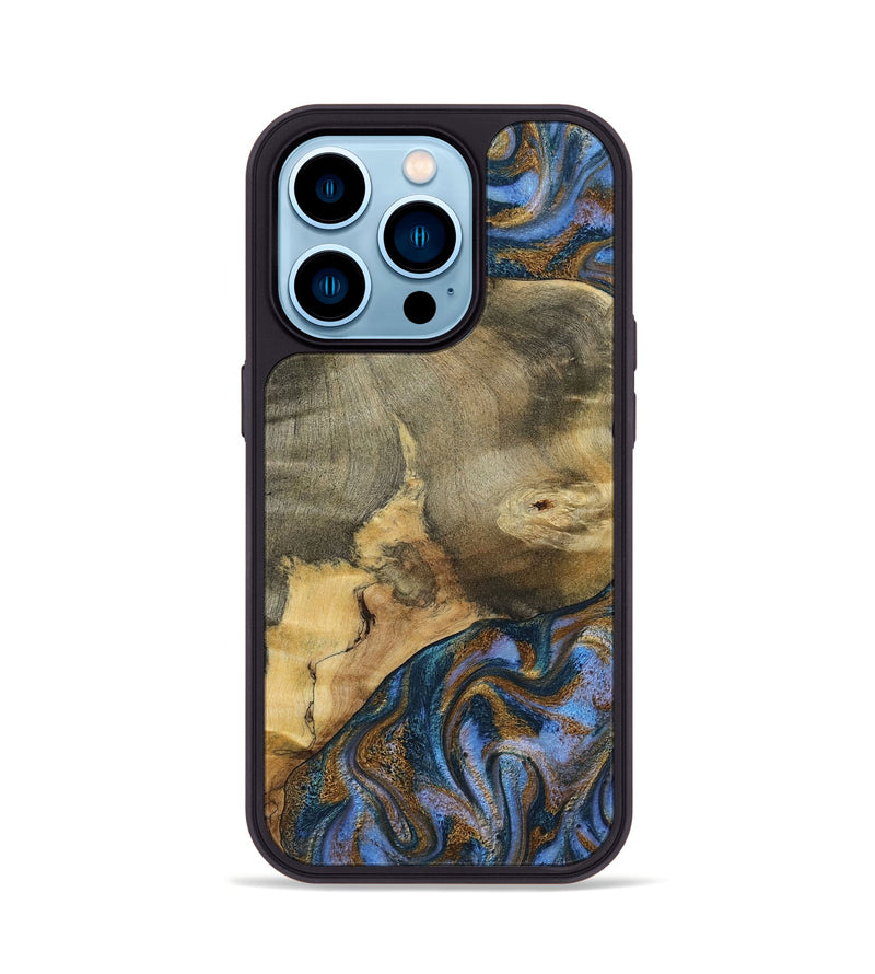 iPhone 14 Pro Wood Phone Case - Jaidyn (Teal & Gold, 800446)