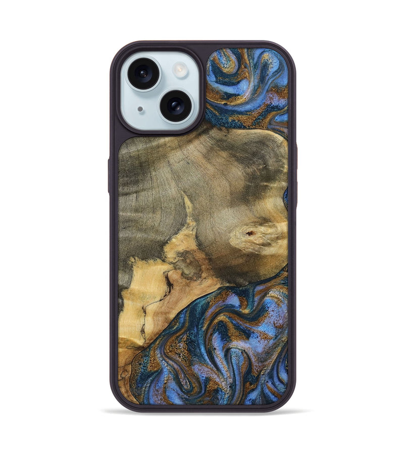 iPhone 15 Wood Phone Case - Jaidyn (Teal & Gold, 800446)
