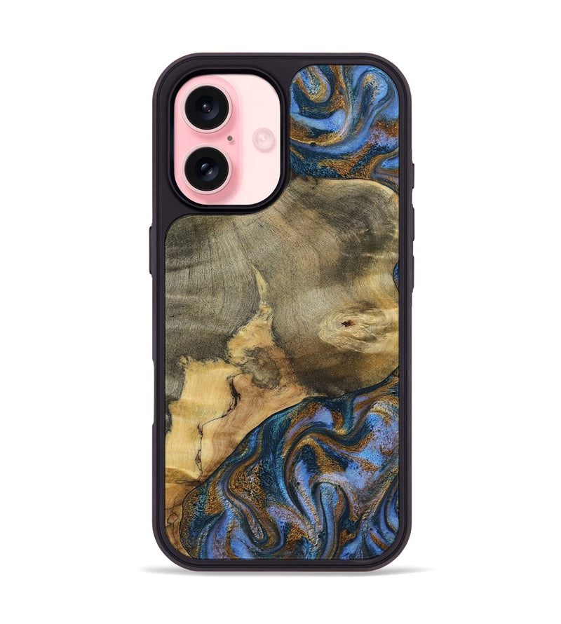 iPhone 16 Wood Phone Case - Jaidyn (Teal & Gold, 800446)