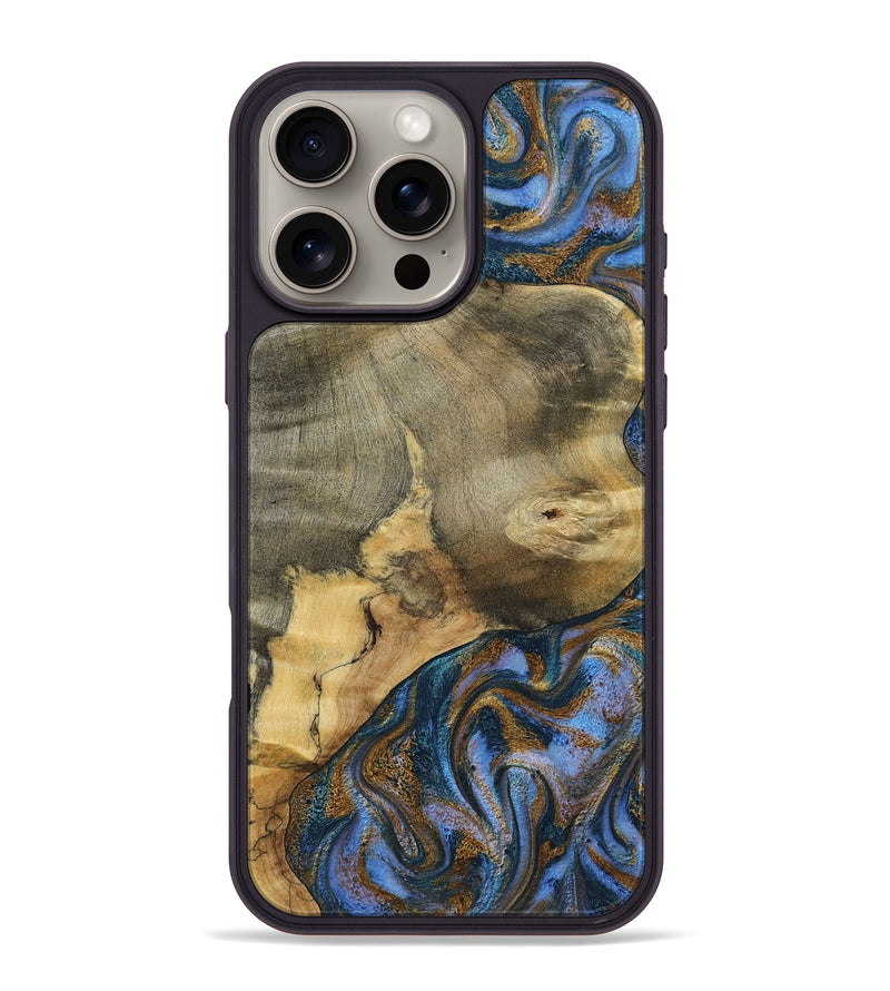 iPhone 16 Pro Max Wood Phone Case - Jaidyn (Teal & Gold, 800446)