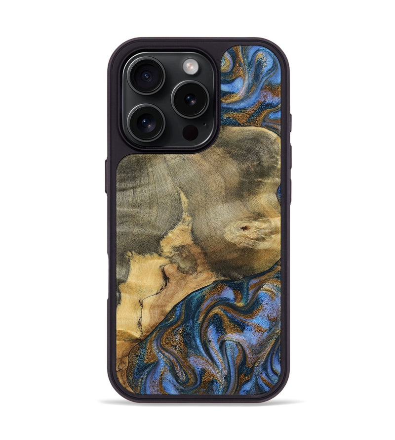 iPhone 16 Pro Wood Phone Case - Jaidyn (Teal & Gold, 800446)