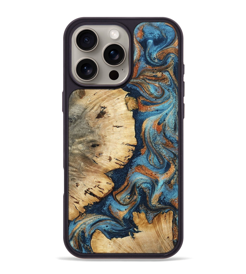 iPhone 16 Pro Max Wood Phone Case - Maegan (Teal & Gold, 800449)
