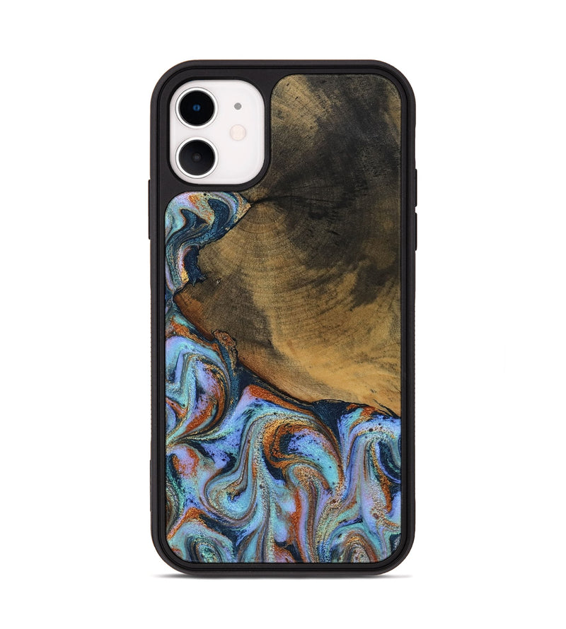 iPhone 11 Wood Phone Case - Retha (Teal & Gold, 800452)