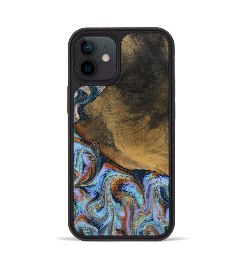 iPhone 12 Wood Phone Case - Retha (Teal & Gold, 800452)
