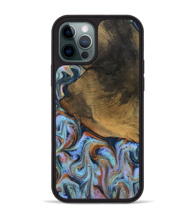 iPhone 12 Pro Max Wood Phone Case - Retha (Teal & Gold, 800452)