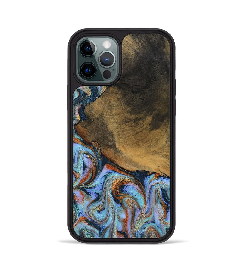 iPhone 12 Pro Wood Phone Case - Retha (Teal & Gold, 800452)