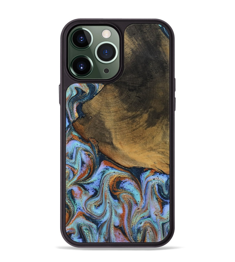 iPhone 13 Pro Max Wood Phone Case - Retha (Teal & Gold, 800452)