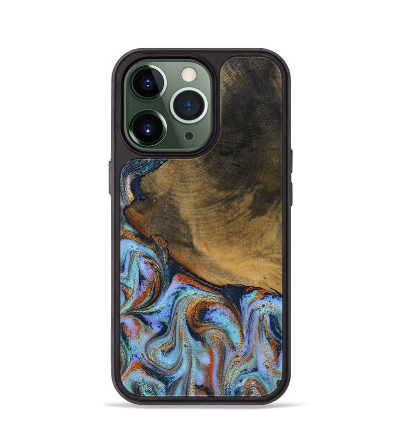 iPhone 13 Pro Wood Phone Case - Retha (Teal & Gold, 800452)