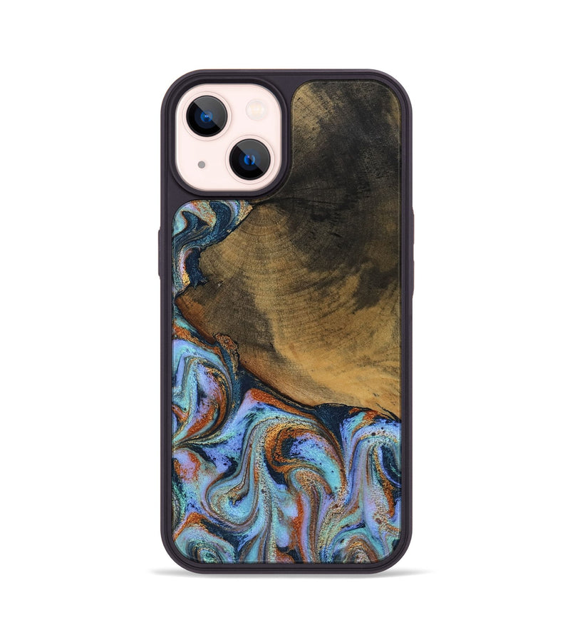 iPhone 14 Wood Phone Case - Retha (Teal & Gold, 800452)