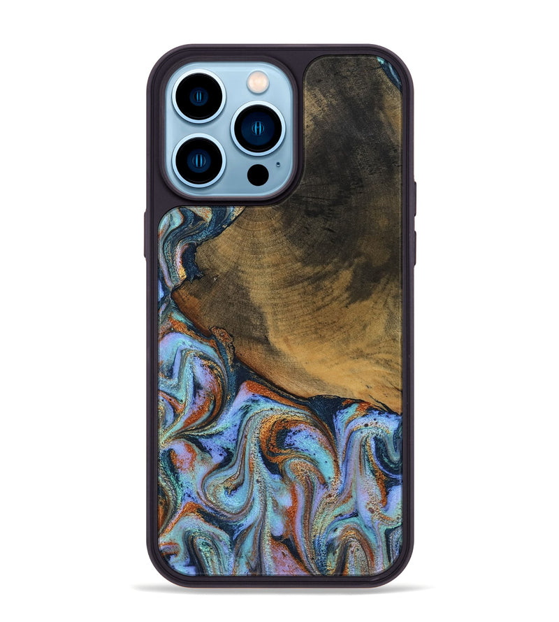 iPhone 14 Pro Max Wood Phone Case - Retha (Teal & Gold, 800452)