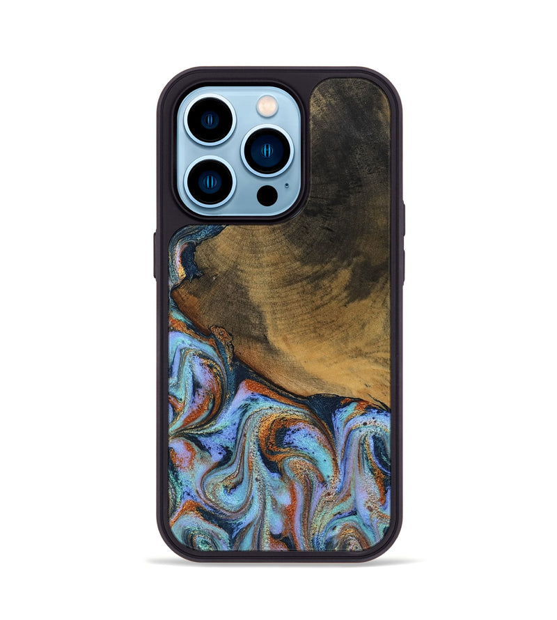iPhone 14 Pro Wood Phone Case - Retha (Teal & Gold, 800452)