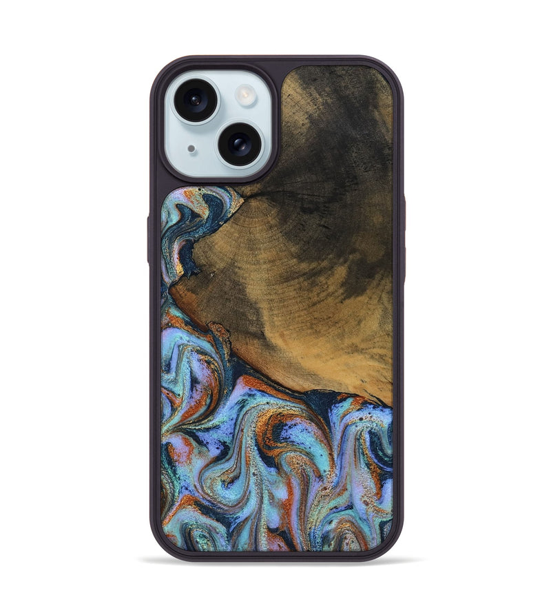 iPhone 15 Wood Phone Case - Retha (Teal & Gold, 800452)