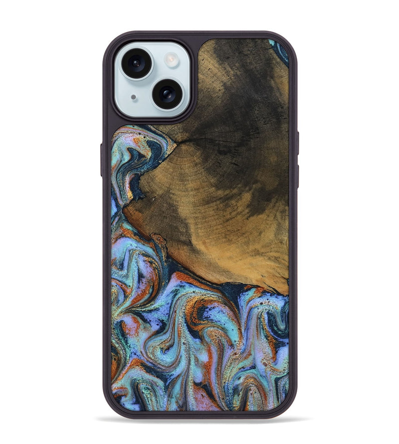 iPhone 15 Plus Wood Phone Case - Retha (Teal & Gold, 800452)