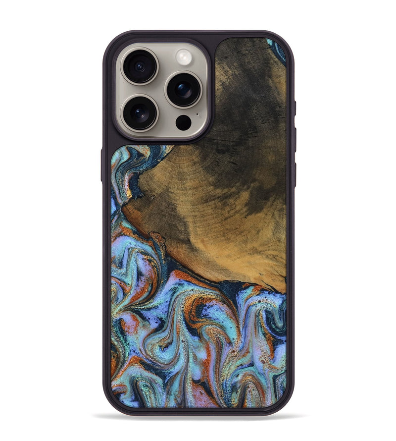 iPhone 15 Pro Max Wood Phone Case - Retha (Teal & Gold, 800452)