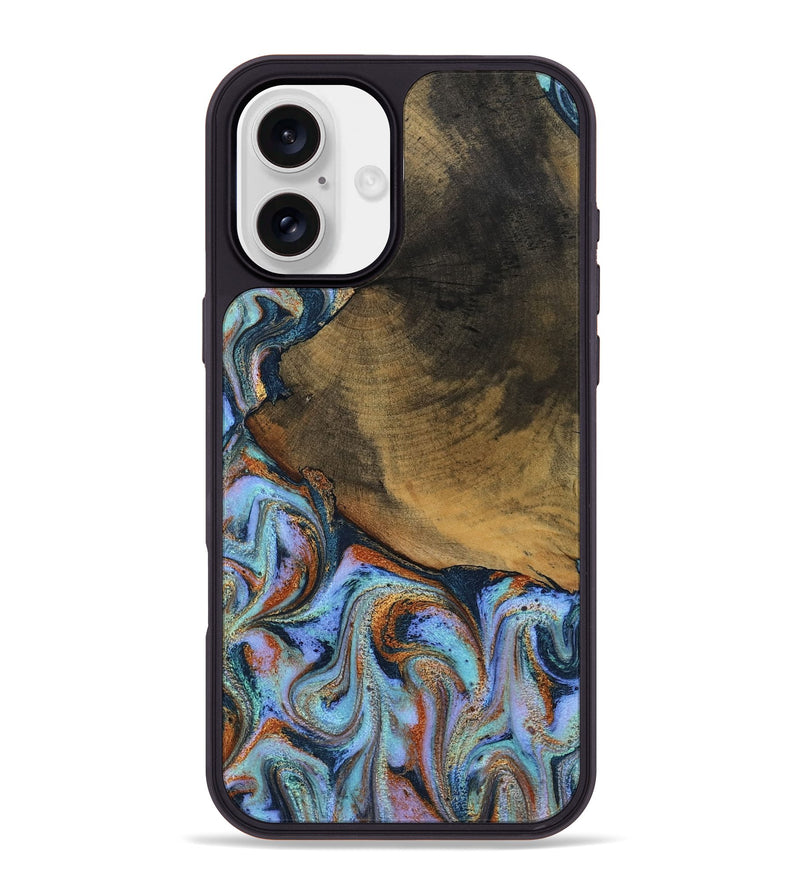 iPhone 16 Plus Wood Phone Case - Retha (Teal & Gold, 800452)