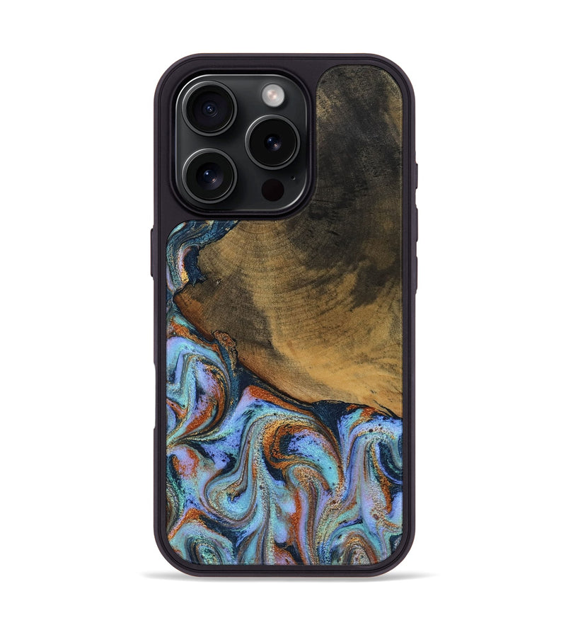 iPhone 16 Pro Wood Phone Case - Retha (Teal & Gold, 800452)