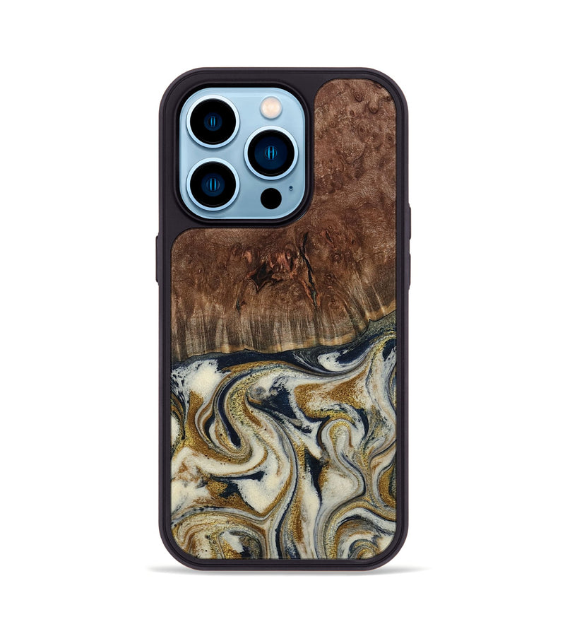 iPhone 14 Pro Wood Phone Case - Noel (Teal & Gold, 800454)