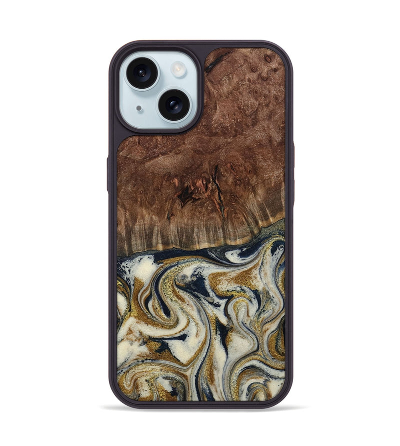 iPhone 15 Wood Phone Case - Noel (Teal & Gold, 800454)