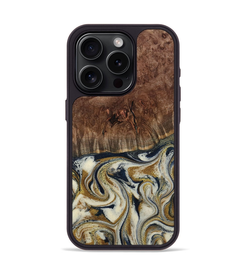 iPhone 15 Pro Wood Phone Case - Noel (Teal & Gold, 800454)