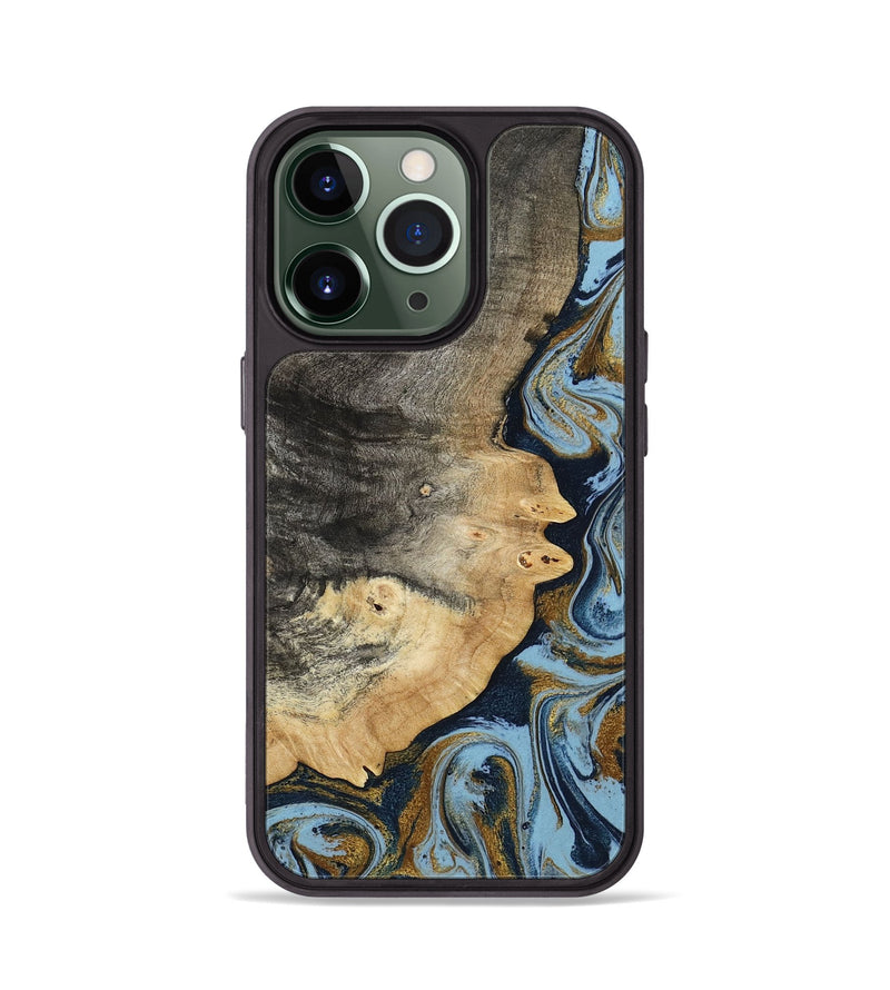 iPhone 13 Pro Wood Phone Case - Letha (Teal & Gold, 800458)