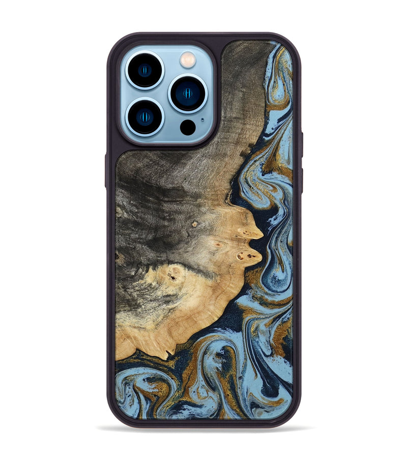 iPhone 14 Pro Max Wood Phone Case - Letha (Teal & Gold, 800458)