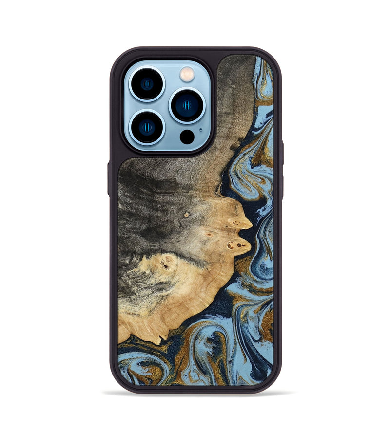 iPhone 14 Pro Wood Phone Case - Letha (Teal & Gold, 800458)