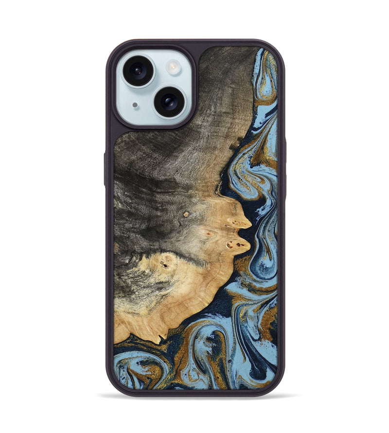 iPhone 15 Wood Phone Case - Letha (Teal & Gold, 800458)