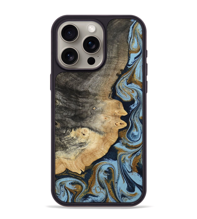 iPhone 15 Pro Max Wood Phone Case - Letha (Teal & Gold, 800458)