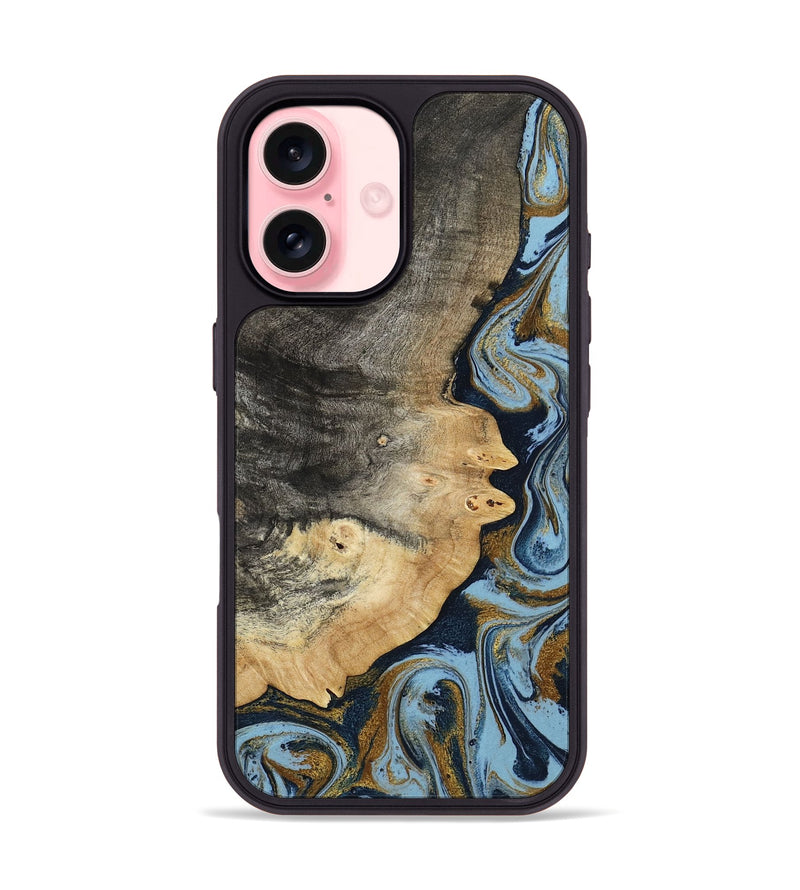 iPhone 16 Wood Phone Case - Letha (Teal & Gold, 800458)