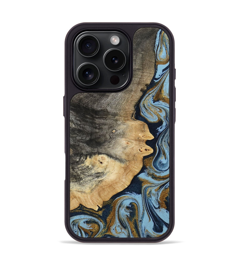 iPhone 16 Pro Wood Phone Case - Letha (Teal & Gold, 800458)