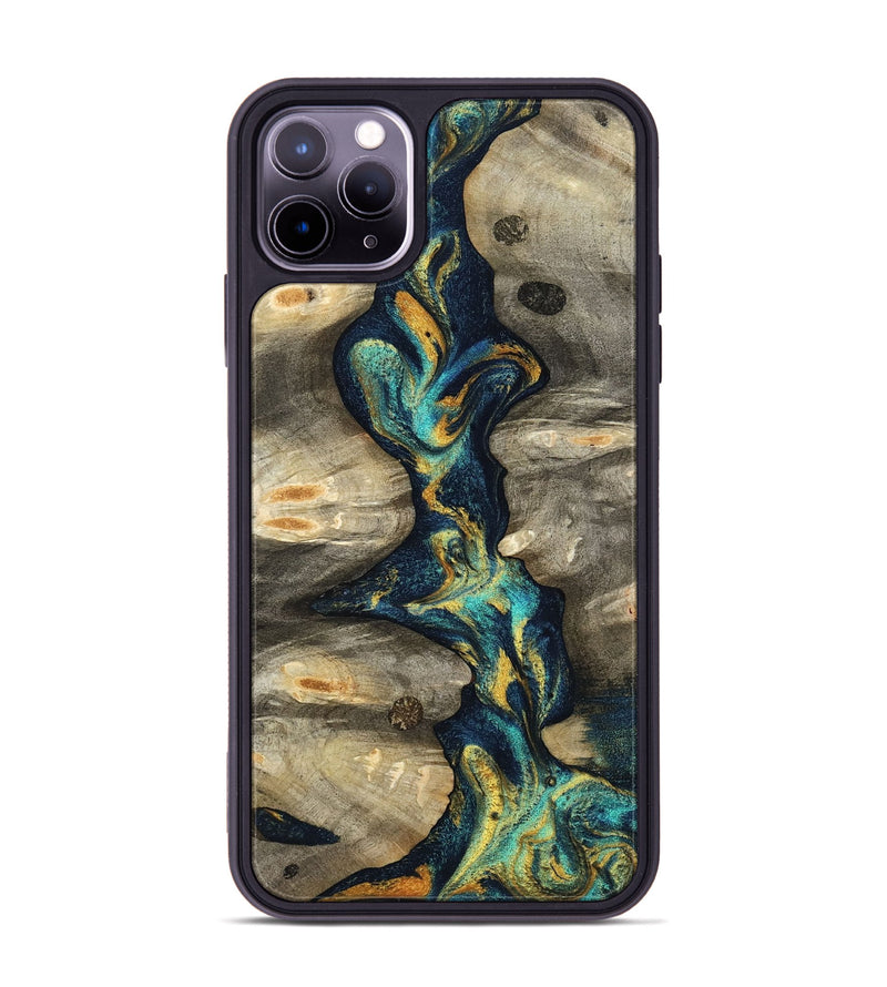 iPhone 11 Pro Max Wood Phone Case - Syreeta (Teal & Gold, 800459)