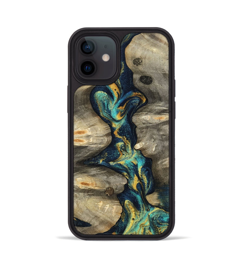iPhone 12 Wood Phone Case - Syreeta (Teal & Gold, 800459)