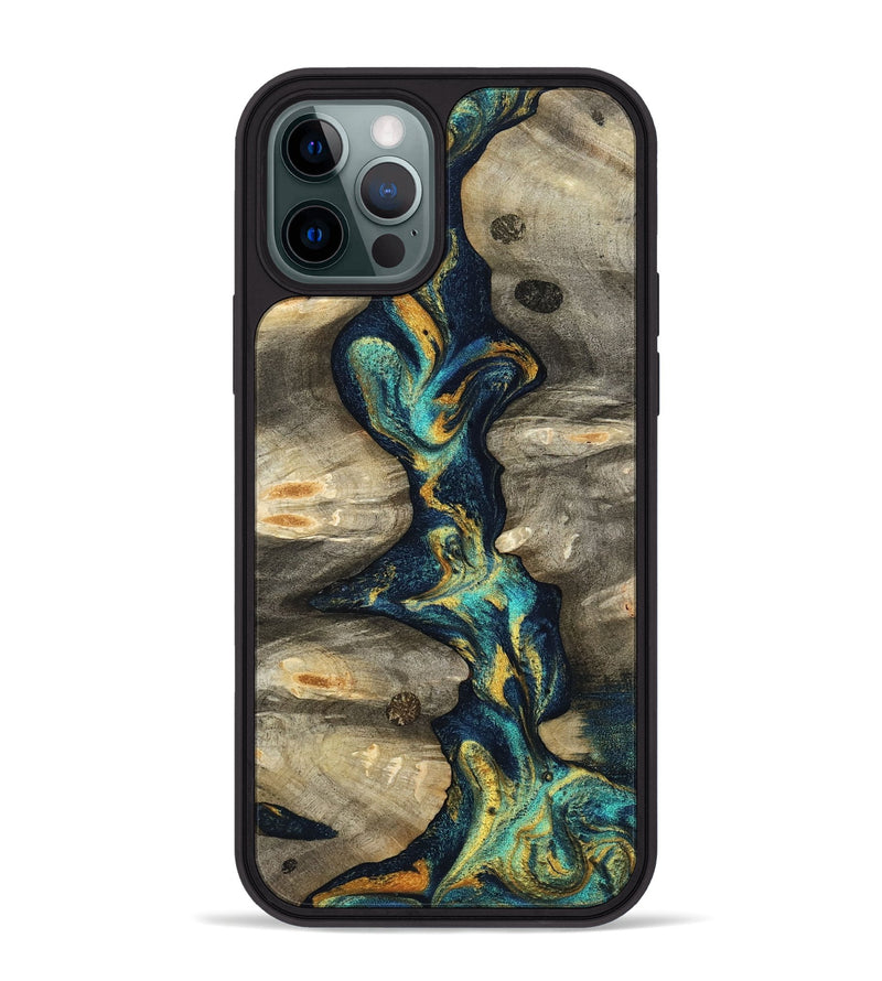 iPhone 12 Pro Max Wood Phone Case - Syreeta (Teal & Gold, 800459)