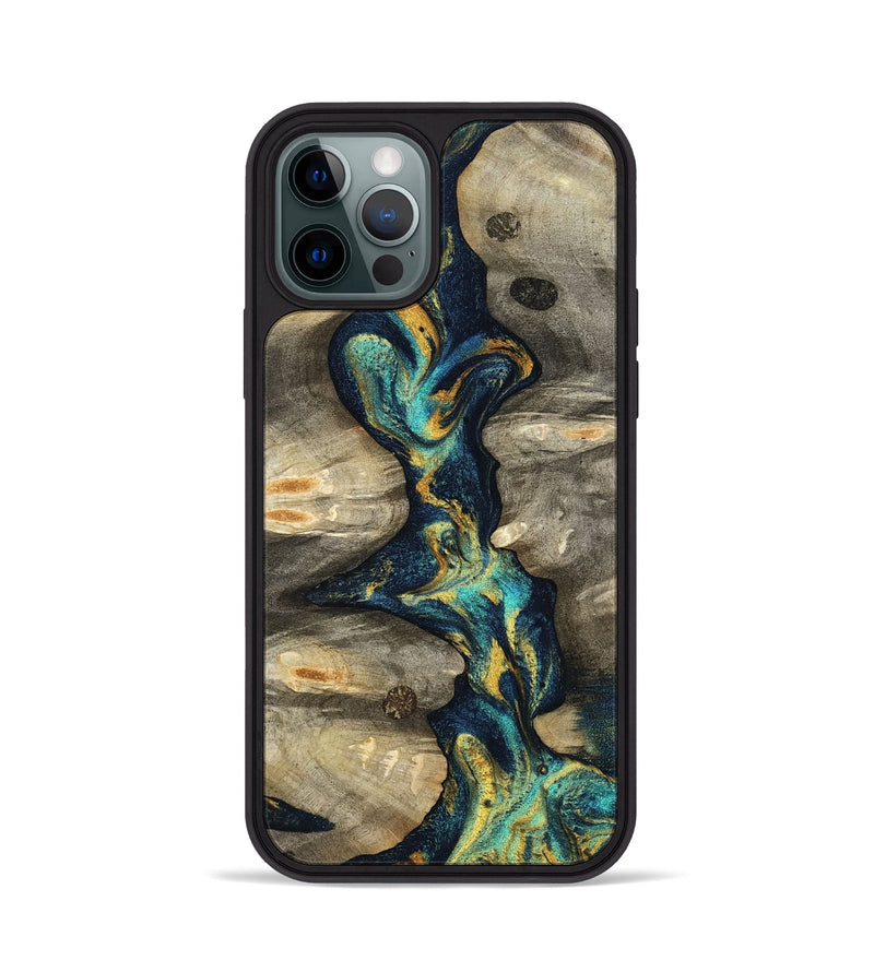 iPhone 12 Pro Wood Phone Case - Syreeta (Teal & Gold, 800459)